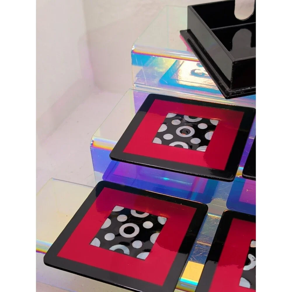 vintage article mother of pearl and lay coaster set of six with holder black red